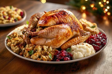 Golden roasted Thanksgiving turkey centerpiece with stuffing, mashed potatoes and cranberry sauce...