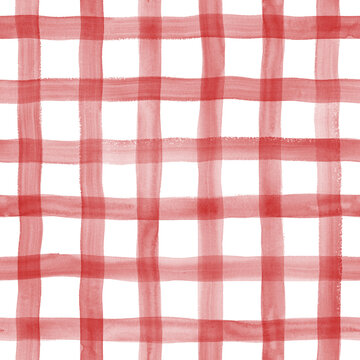 Fototapeta Watercolor stripe gingham seamless pattern. Red and white color striped background