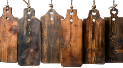 Wooden Cutting Boards Rustic Hanging Set, Dark Brown for Kitchen Decor, isolated on transparent background.