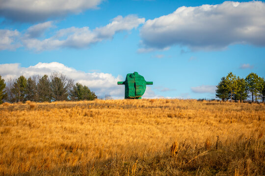 Potomac, MD, USA - 7 January 2023: Outdoor Sculpture "Split Rocker" by Artist Jeff Koons at Glenstone Museum; Copy Space