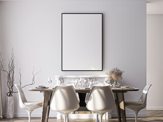 Frame mockup, ISO A paper size. Living room wall poster mockup. Interior mockup with house background. Modern interior design. 3D render
