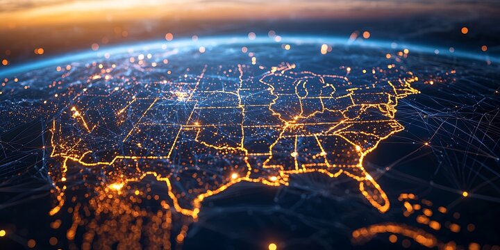 Digital map of the United States with glowing connections representing a global network and connectivity, illustrating business global services across America.