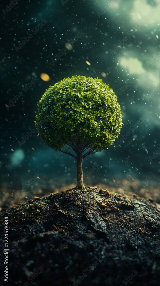 Poster verdant tree rooting in shadowy ground, suspended amid floating particles within misty woodland atmo