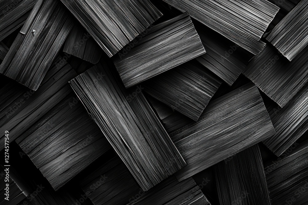 Poster a captivating, textured background of randomly arranged dark wooden blocks, creating a unique and ab