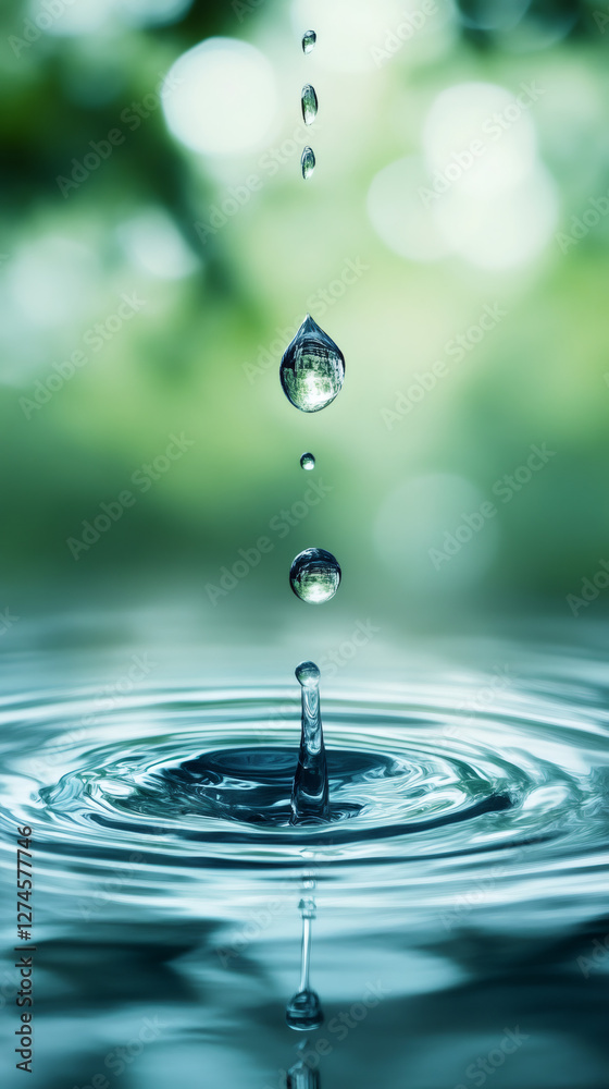 Aufkleber water droplets splashing into tranquil pool, generating concentric ripples against soft green backdr