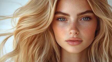 Naklejka premium Blonde woman portrait, studio, windswept hair, beauty ad