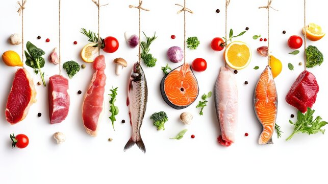Fresh assorted meats and seafood arranged artistically with vegetables and herbs on white background