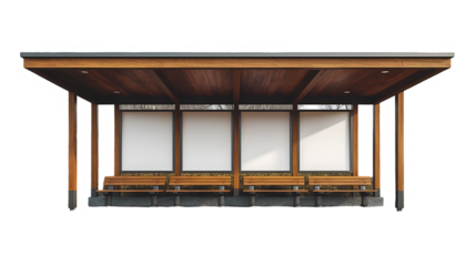 Wooden Bus Stop Mockup Autumn Setting, Blank Panels for Urban Design, isolated on transparent background.
