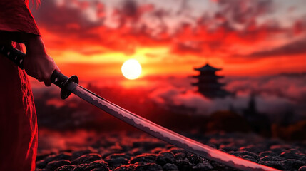 A stunning silhouette of a samurai holding a sword against a vibrant sunset, evoking feelings of honor, peace, and the beauty of nature within a tranquil and majestic landscape.