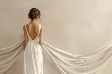 Fototapeta premium A beautiful young woman stands elegantly in a soft white gown with flowing fabric, presenting modern bridal aesthetics in a serene setting