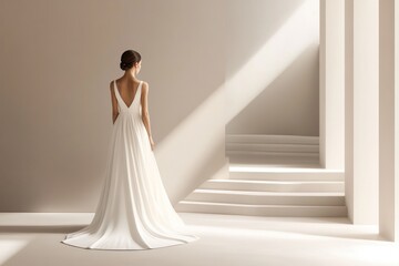 A bride stands gracefully in a minimalist space, wearing a stunning white gown while soft light accentuates the serene atmosphere