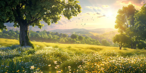 Fototapeta premium Peaceful Sunrise with Birds Over a Blooming Meadow 