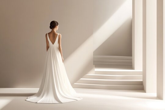 A bride stands gracefully in a minimalist space, wearing a stunning white gown while soft light accentuates the serene atmosphere
