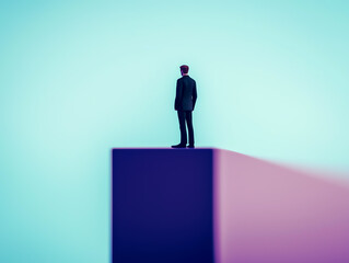 Fototapeta premium A solitary figure standing on the edge of a colorful geometric platform contemplating the future in a surreal landscape