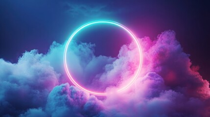 Glowing neon circle ring in vibrant pink and blue clouds.
