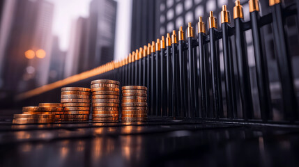 Stacks of golden coins glimmering amidst a modern urban landscape representing wealth and financial prosperity