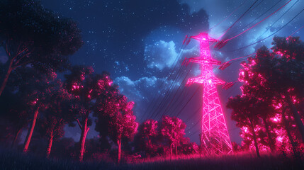 Obraz premium A striking night scene featuring a neon pink illuminated electrical tower with trees surrounding it under a starry sky. Dreamlike Electric Trees. Illustration