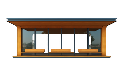 Wooden Bus Stop Shelter Glass Exterior Design, Urban Park Seating for Public Areas, isolated on transparent background.
