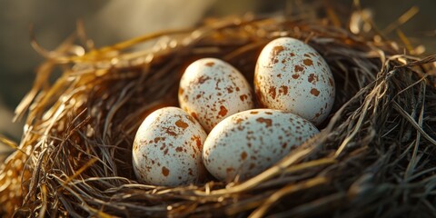 Obraz premium A group of speckled eggs rests comfortably in a nest, surrounded by straw and twigs, highlighting the beauty of nature and wildlife