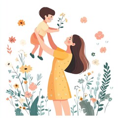 "Heartfelt Mother's Day Celebration: Child Being Lifted Up by Adult in a Floral Setting"