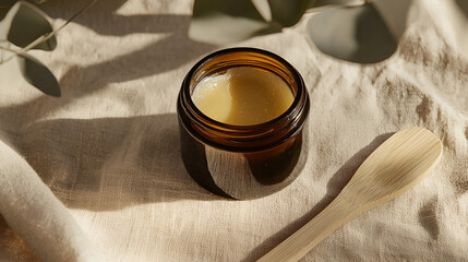 Organic skincare in amber jar with bamboo spoon on linen, natural beauty product close-up with eucalyptus leaves.