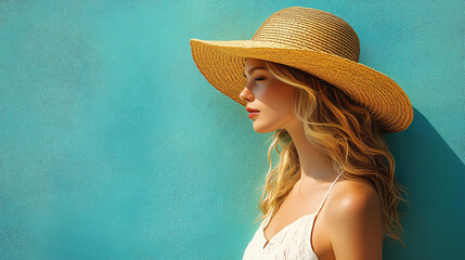Stylish woman in a straw hat against a vibrant turquoise wall, perfect for summer fashion campaigns, vacation promotions, or outdoor event designs.
