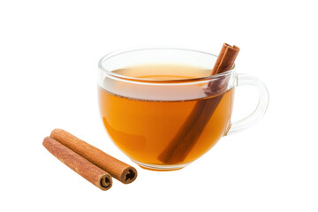 Warm cinnamon tea in a clear cup with cinnamon sticks beside it on a white background isolated on transparent background