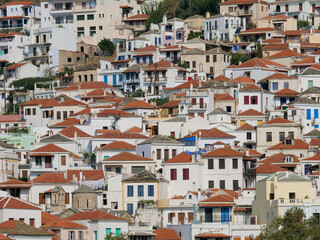 Many houses built in typical architecture on the coast of Skopelos island
