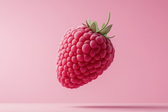 Fototapeta A single raspberry in vibrant pink color hovers against a soft pink backdrop, showcasing its texture and freshness in a minimalist style