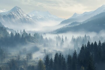 Misty Valley and Mountain Range