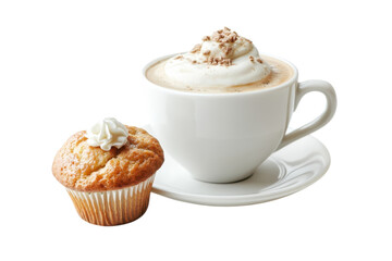 Delightful coffee cup paired with a sweet muffin atop a delicate white plate for a cozy treat isolated on transparent background