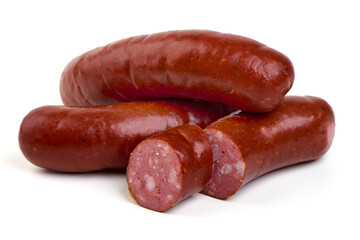 Smoked bratwurst sausages, isolated on white background.
