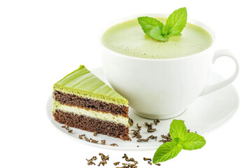Delightful matcha green tea and layered cake served on a white plate with fresh mint leaves isolated on transparent background