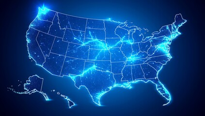 Fototapeta premium Illuminated USA Map with Bright Blue Lines