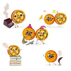  Marang fruit cute funny cheerful characters with different activities.Natural vitamin antioxidant detox food collection. Vector hand drawn illistration.