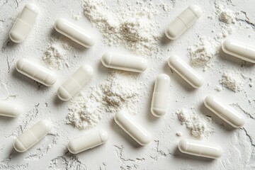 White pharmaceuticals including capsule pills scattered over a light textured surface with powder, suitable for health and nutrition context