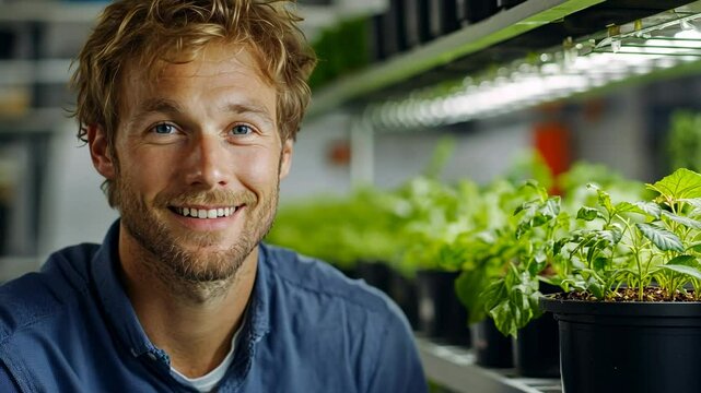 Smiling Agricultural Scientist in Greenhouse