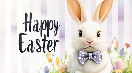 Happy easter greeting card with adorable white rabbit wearing polka dot bow tie 