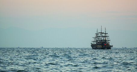 Pirate ship sailing on the ocean