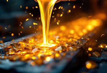 Liquid gold pouring on nuggets creating sparks in a foundry
