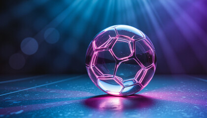 Fototapeta premium Futuristic transparent soccer ball with glowing neon core, levitating above cyberpunk stadium floor