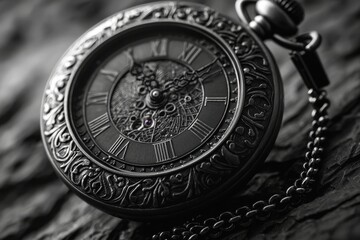 Fototapeta premium Close-up shot of an antique pocket watch with intricate details and roman numerals, showcasing its ornate design and timeless elegance, rendered in monochrome.