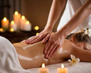 Naklejka premium A professional massage therapist performing a relaxing back massage on a woman in a luxury spa with candles and floral accents, symbolizing wellness, relaxation, and self-care.