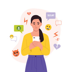Vector illustration of a girl upset because of cyberbullying. Cartoon scene of a girl holding a phone in hands,negative comments,broken hearts, lightning, angry emoticons isolated on white background.