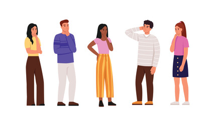 Vector illustration of a group of thinking boys and girls. Cartoon scene of boys and girls, dark-skinned and light-skinned thinking about a new project, business ideas isolated on a white background.