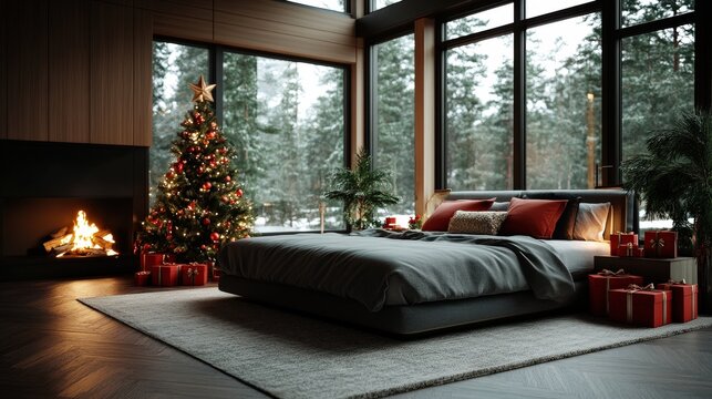 A cozy bedroom elegantly decorated for Christmas, complete with a tree and gifts, creates a warm holiday atmosphere that invites relaxation and celebration during the festive season.