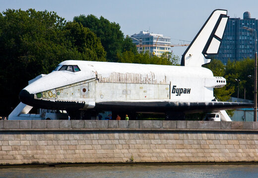 Russian space ship shuttle Buran on Moskva river moscow
