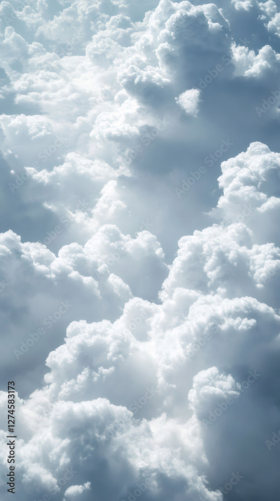 Poster sunlight streaming through expansive cumulus clouds, revealing layered atmospheric depth and luminou