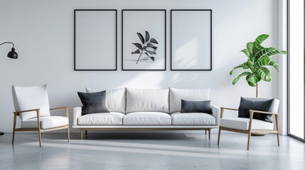 Elegant living room with a velvet sofa, a statement armchair, and art prints on the wall