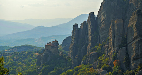 Rousanou Monastery on top of steep narrow rocks, part of Meteora